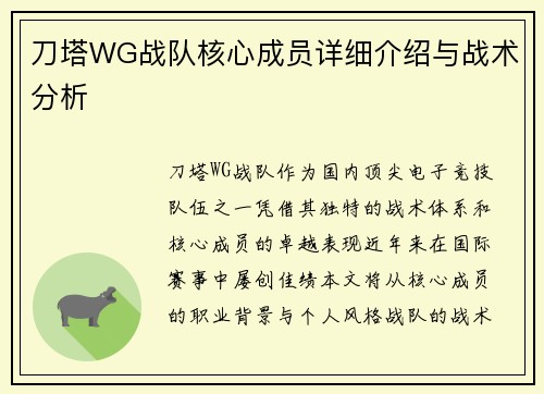 刀塔WG战队核心成员详细介绍与战术分析