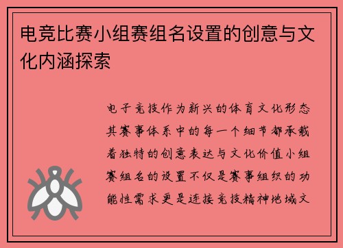 电竞比赛小组赛组名设置的创意与文化内涵探索
