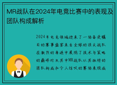 MR战队在2024年电竞比赛中的表现及团队构成解析